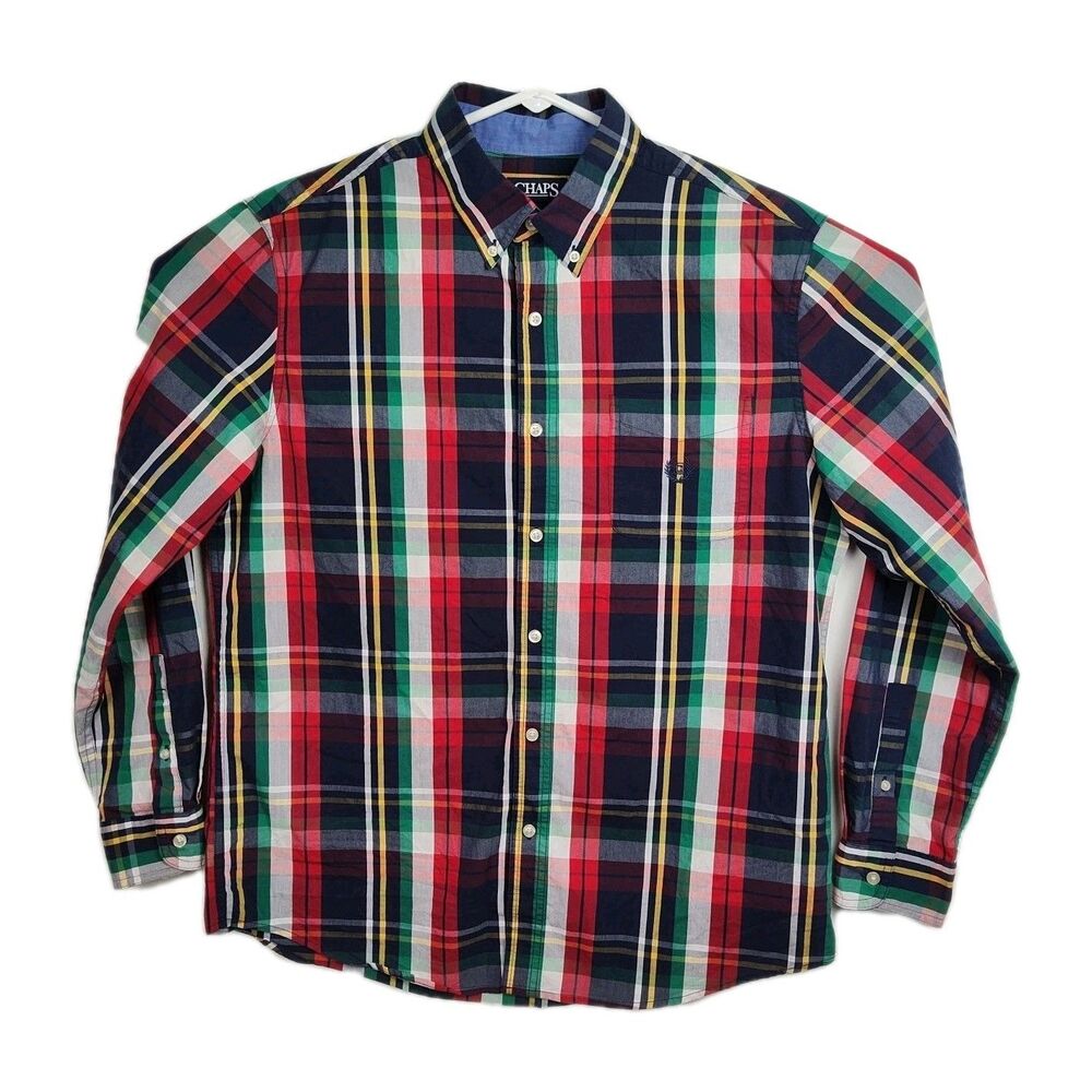 Chaps Button-Up Shirt Men's L Multicolored Plaid Long Sleeves Stretch Easy Care